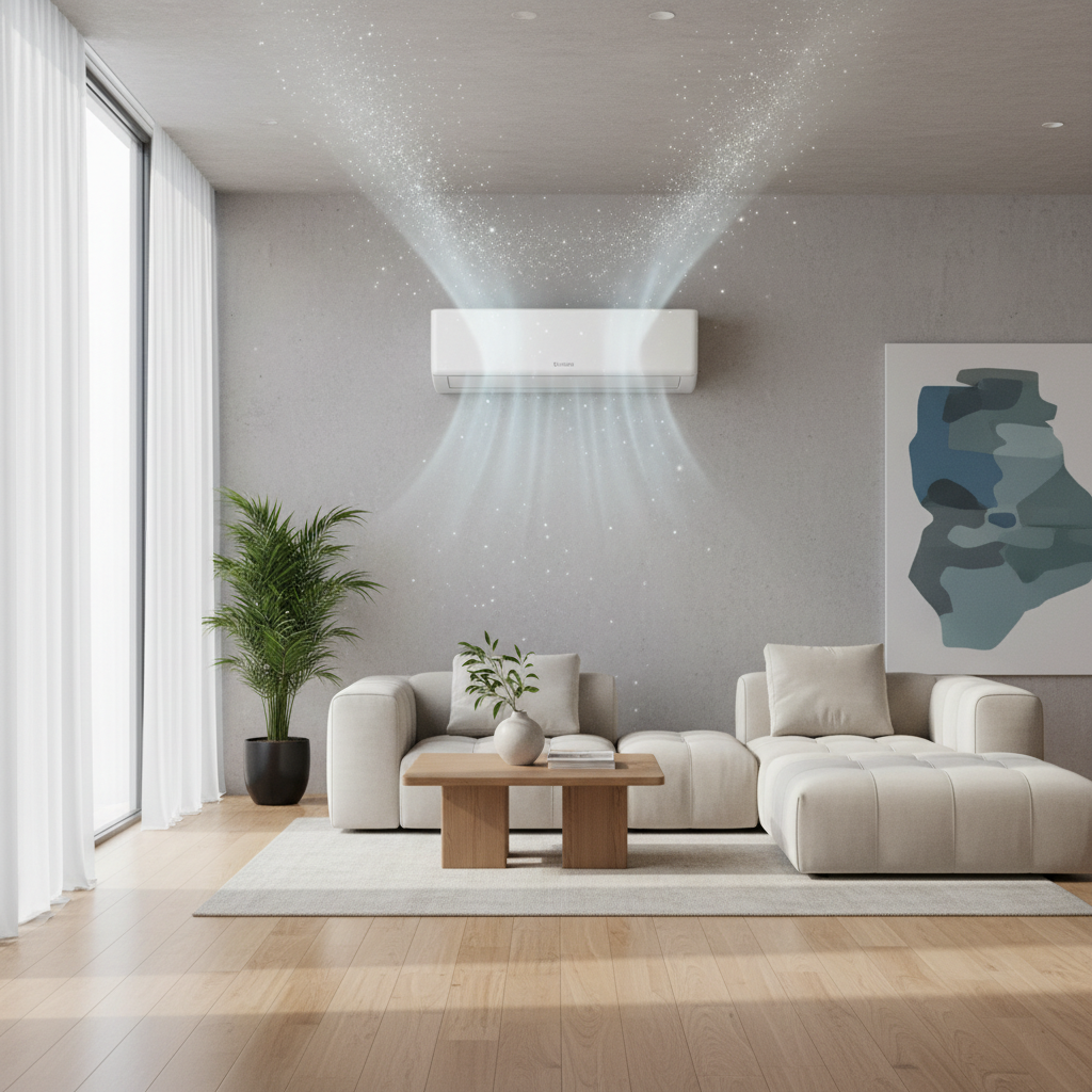 Modern home interior with a wall-mounted air conditioner, clean airflow path, soft daylight, minimalist room design, detail: high